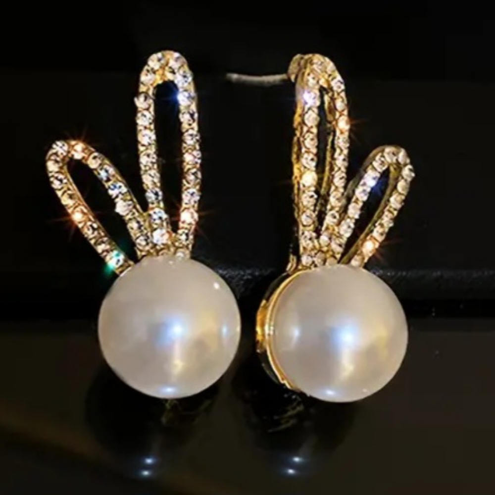 Rabbit Easter Earrings with Faux Pearl and Rhinestone Embellishments